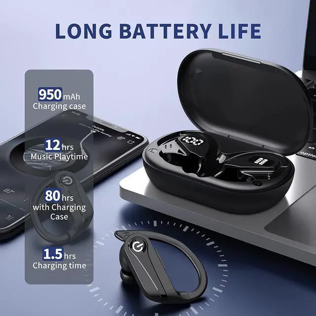 Alt view image 2 of 7 - Ture Wireless Earbuds Bluetooth Ear Buds with Mic, 72H Wireless Headphones Bluetooth 5.3 Sport Earbuds Digital LED Display, IPX7 Waterproof Over Ear Earphones with Hooks for Sports Running Workout Gym