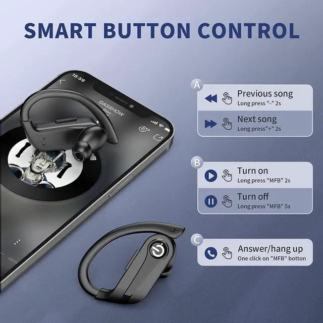 Alt view image 6 of 7 - Ture Wireless Earbuds Bluetooth Ear Buds with Mic, 72H Wireless Headphones Bluetooth 5.3 Sport Earbuds Digital LED Display, IPX7 Waterproof Over Ear Earphones with Hooks for Sports Running Workout Gym