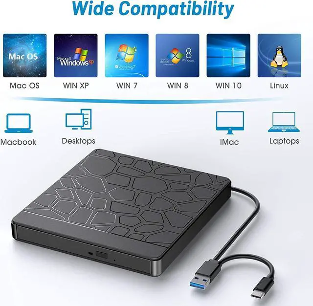 Alt view image 4 of 7 - External CD DVD Drive, Type-C USB 3.0 Slim Portable CD Reader with SD TF Card Reader & USB-Stick Port, CD/DVD-RW Burner Low Noise High Speed Data Transfer Super Drive for Laptop PC Windows,OS