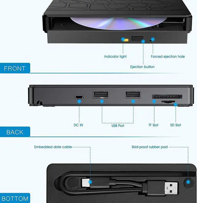 Alt view image 7 of 7 - External CD DVD Drive, Type-C USB 3.0 Slim Portable CD Reader with SD TF Card Reader & USB-Stick Port, CD/DVD-RW Burner Low Noise High Speed Data Transfer Super Drive for Laptop PC Windows,OS