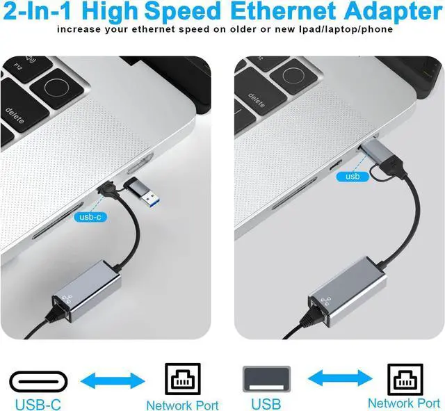 Alt view image 2 of 7 - [USB & Type-C] USB to Ethernet Adapter, USB C to Ethernet RJ45 Adapter,10/100/1000M Gigabit Ethernet LAN Network Adapter for Notebook Laptop UC164, Galaxy S21/S20, i-Mac, XPS, MacOS