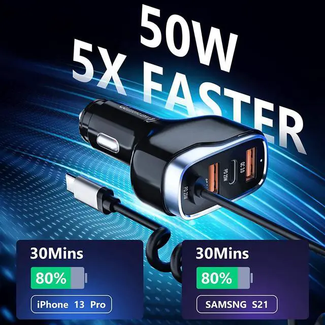 Alt view image 4 of 7 - USB C Fast Car Charger 50W 4-Ports, Built-in 5.9FT Type C Cable, Dual Type C and Dual USB-A Ports Charger with PD25W/PPS25W&QC18W, Compatible with IOS Android Smartphones etc..