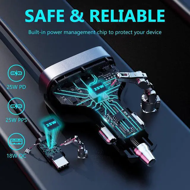 Alt view image 2 of 7 - USB C Fast Car Charger 50W 4-Ports, Built-in 5.9FT Type C Cable, Dual Type C and Dual USB-A Ports Charger with PD25W/PPS25W&QC18W, Compatible with IOS Android Smartphones etc..