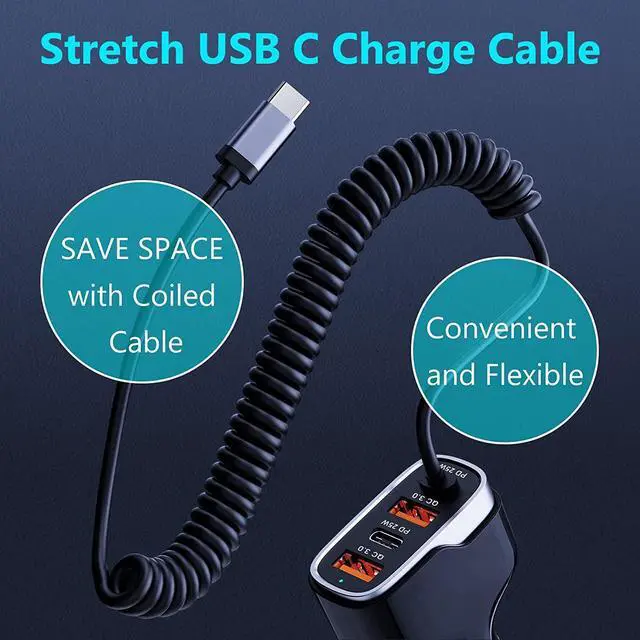 Alt view image 7 of 7 - USB C Fast Car Charger 50W 4-Ports, Built-in 5.9FT Type C Cable, Dual Type C and Dual USB-A Ports Charger with PD25W/PPS25W&QC18W, Compatible with IOS Android Smartphones etc..