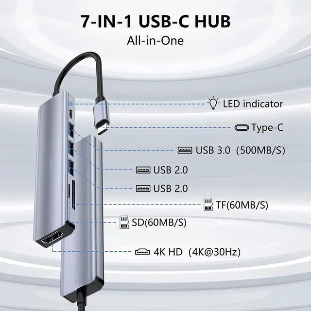 Alt view image 2 of 7 - USB C Laptop Docking Station, 7 in 1 Type C Hub Multiport Adapter with 3 USB Port, SD & TF Card Reader, 100W PD Charger, HDMI 4K, Compatible for Windows MacOS, etc(7 in 1/SD & TF) eokCXOY