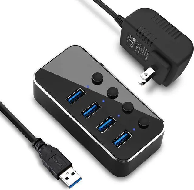 Main image of Powered USB Hub, 4 Port USB 3.0 Hub Splitter, Portable Aluminum USB Data Hub Expander with Individual On/Off Switch and Universal 5V AC Power Adapter, 3.3ft USB 3.0 Cable (Black