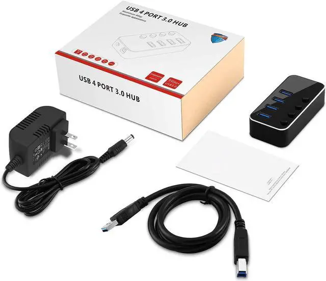 Alt view image 7 of 7 - Powered USB Hub, 4 Port USB 3.0 Hub Splitter, Portable Aluminum USB Data Hub Expander with Individual On/Off Switch and Universal 5V AC Power Adapter, 3.3ft USB 3.0 Cable (Black