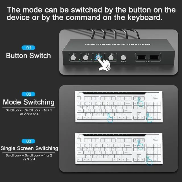 Alt view image 3 of 7 - HDMI Switch Multiviewer 4x1,4K@30Hz HDMI Multiviewer Switch, HDMI Quad Multiviewer Seamless Switch 4 in 1 Out, HDMI KVM Switch with 2 USB and Audio Ports,Support Mouse Sliding Switch Control eokCXOY