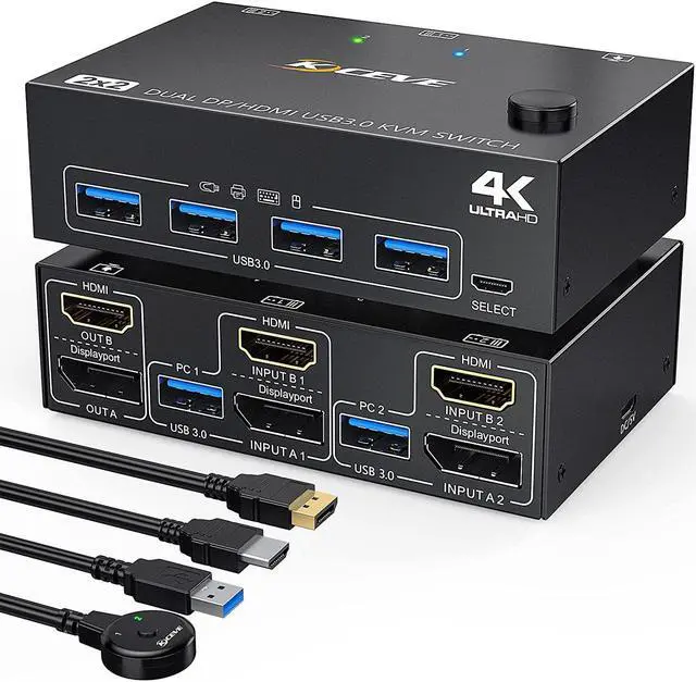 Main image of DisplayPort + HDMI Dual Monitor KVM Switch 4K @60Hz, 2K @120Hz USB 3.0 HDMI DP Extended Display Switcher for 2 Computers Share 2 Monitors and 4 USB 3.0 Ports,Wired Remote and 4 Cables Included eokCXOY