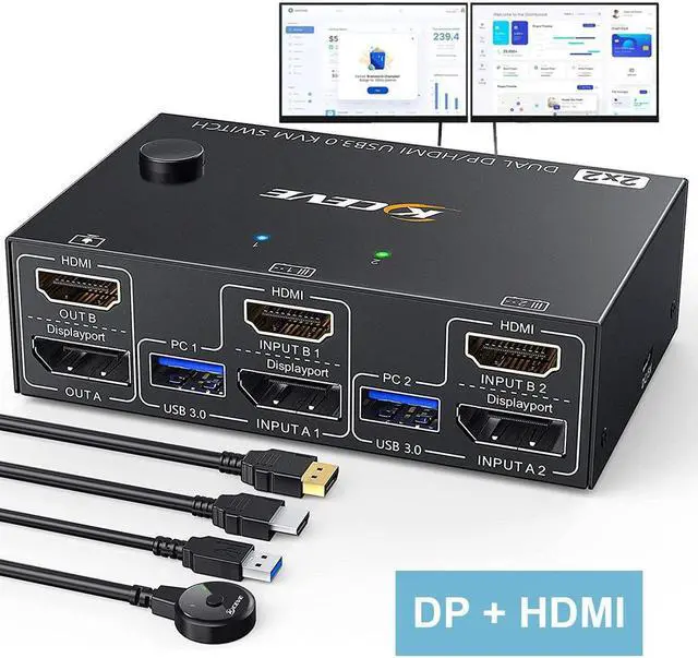 Main image of USB 3.0 Dual Monitor KVM Switch Displayport + HDMI 4K @60Hz, 2K @120Hz, 2 Monitors 2 Computers KVM Switch for 2 Computer Share 2 Display and 4 USB3.0 Devices, Wired Remote and 4 Cables Included