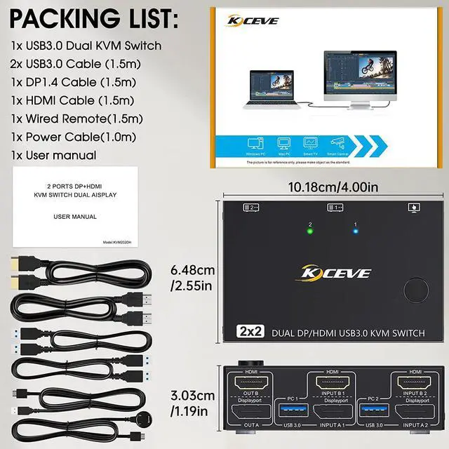 Alt view image 7 of 7 - USB 3.0 Dual Monitor KVM Switch Displayport + HDMI 4K @60Hz, 2K @120Hz, 2 Monitors 2 Computers KVM Switch for 2 Computer Share 2 Display and 4 USB3.0 Devices, Wired Remote and 4 Cables Included