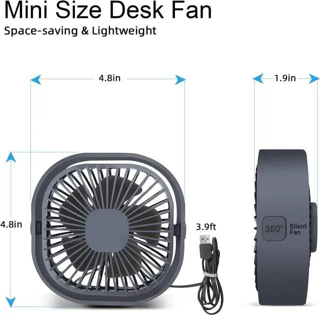 Alt view image 6 of 7 - Small USB Desk Fan, 4 Inch Personal Portable Table Cooling Fan 3 Speeds Quiet Mini 360° Rotation Desktop Fan with Cable Powered by USB for Home Office Bedroom Car Outdoor Camping Travel