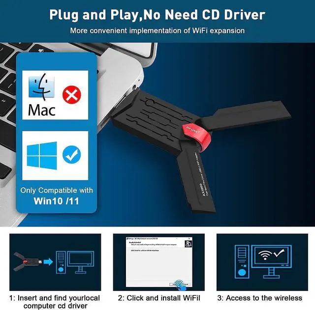 Alt view image 6 of 7 - USB WiFi 6 Adapter, USB 3.0 Wireless WiFi Adapter for Desktop PC with 5G/2.4G High Gain Antenna, PC WiFi Adapter Only Support Win10/11 ONLY, Drive Free 1800Mbps Dual Band WiFi Dongle