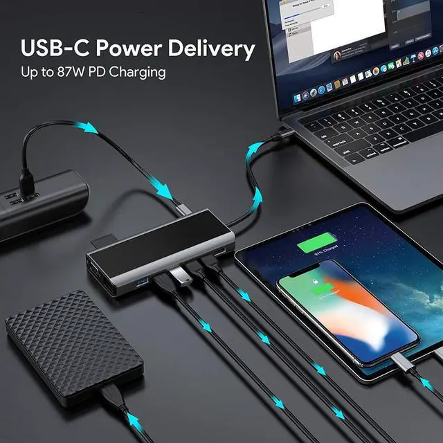 Alt view image 5 of 7 - USB C Hub, 15-in-1 USB-C Hub with 4K HDMI, VGA, Wireless Charger, 1000M RJ45 Gigabit Ethernet, 7 USB (3x USB 3.0 & 4x USB 2.0), PD 100W, SD/TF & 3.5mm AUX, USB C Dock for MacBook Pro and Type C Device