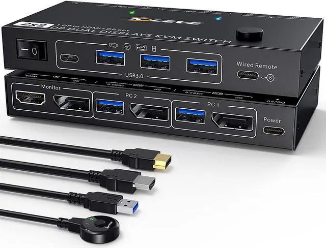 Main image of Dual Monitor DisplayPort KVM Switch 8K@30Hz for 2 PCs 2 Monitors, USB 3.0 DP1.4 KVM Switch 2 Displayport in Displayport + HDMI Out, Backnward Compatible DP1.2 with DP+USB Cables and Wired Controller