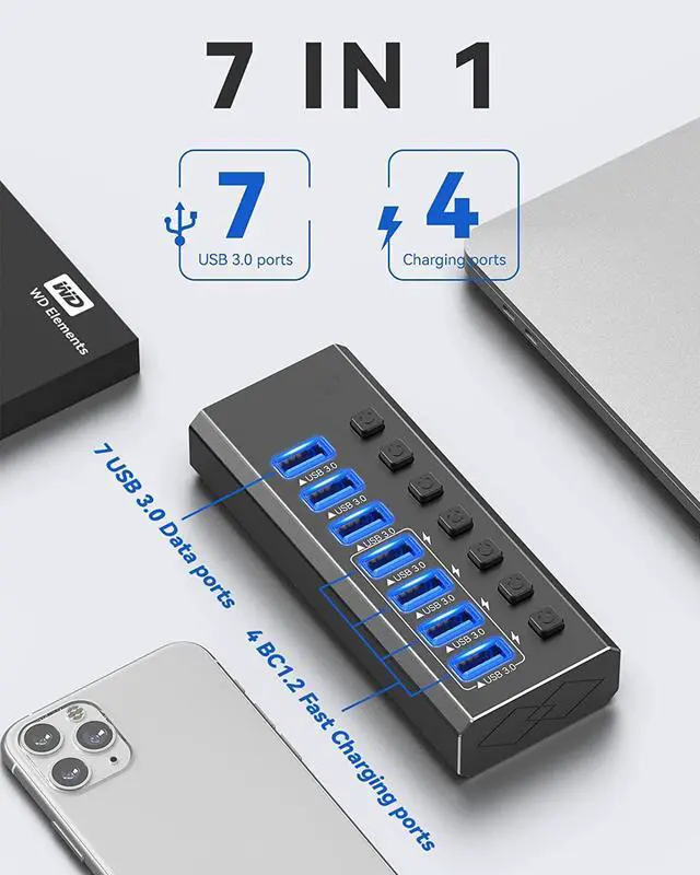 Alt view image 2 of 6 - Powered USB 3.0 Hub [Durable Aluminum], 7-Port USB Hub 3.0 Powered, USB3.0 Hub with Individual Switch Buttons Smart Charging USB Port Expander Fit for External Hard Drive Gaming Laptop Desktop PC