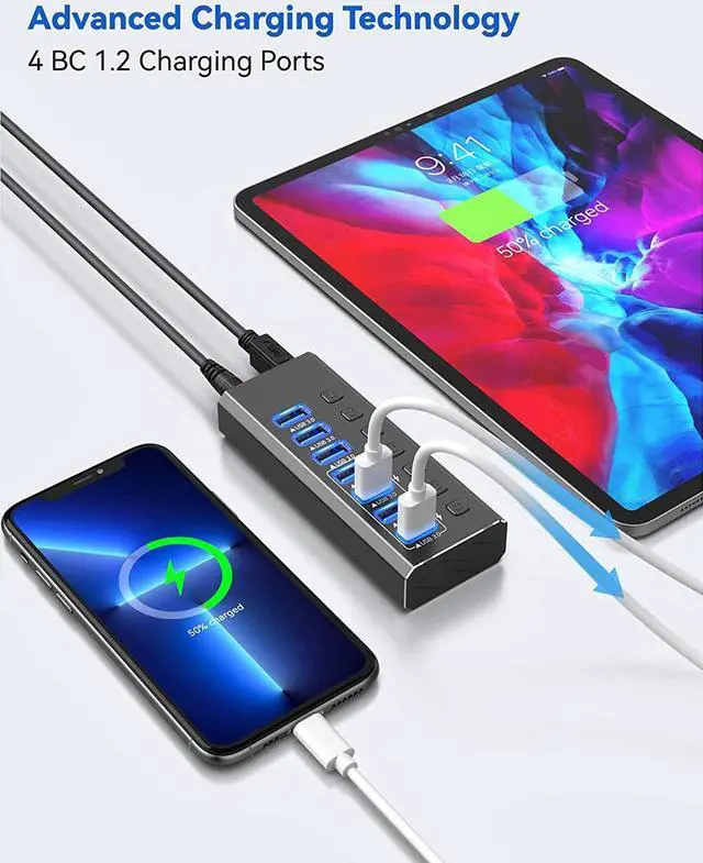 Alt view image 4 of 6 - Powered USB 3.0 Hub [Durable Aluminum], 7-Port USB Hub 3.0 Powered, USB3.0 Hub with Individual Switch Buttons Smart Charging USB Port Expander Fit for External Hard Drive Gaming Laptop Desktop PC
