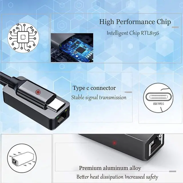 Alt view image 4 of 7 - USB-C to Ethernet Adapter 2.5G, USB Type C to RJ45 LAN Ethernet 2500/1000/100/10Mbps Gigabit Network Adapter for Windows 10,8.1, 8, 7,Vista,XP,Mac OS.
