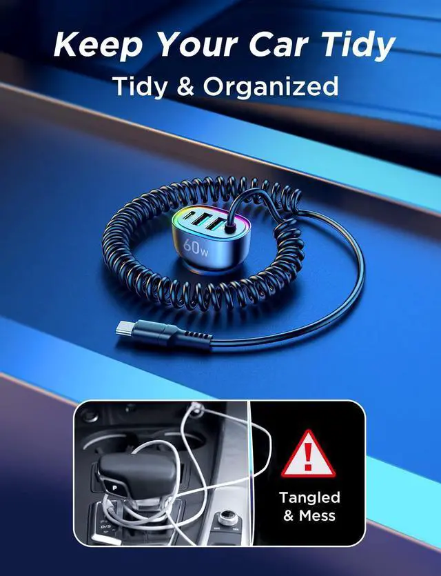 Alt view image 4 of 7 - USB C Car Charger, 60W 4 Port Fast Car Charger [PD& QC3.0 Quick Charge] [Extendable Coiled Type C Cable] Multi Port Cigarette Lighter Adapter for i-Phone/Android Smartphones etc.