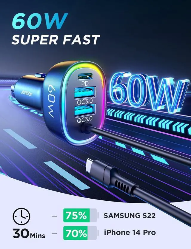 Alt view image 2 of 7 - USB C Car Charger, 60W 4 Port Fast Car Charger [PD& QC3.0 Quick Charge] [Extendable Coiled Type C Cable] Multi Port Cigarette Lighter Adapter for i-Phone/Android Smartphones etc.
