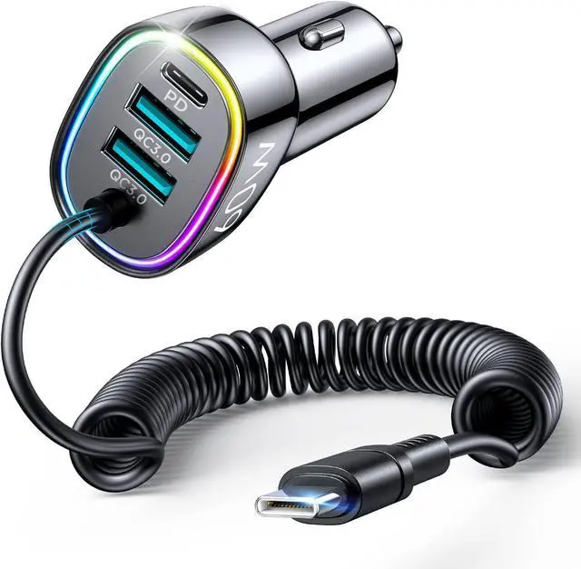 Main image of USB C Car Charger, 60W 4 Port Fast Car Charger [PD& QC3.0 Quick Charge] [Extendable Coiled Type C Cable] Multi Port Cigarette Lighter Adapter for i-Phone/Android Smartphones etc.