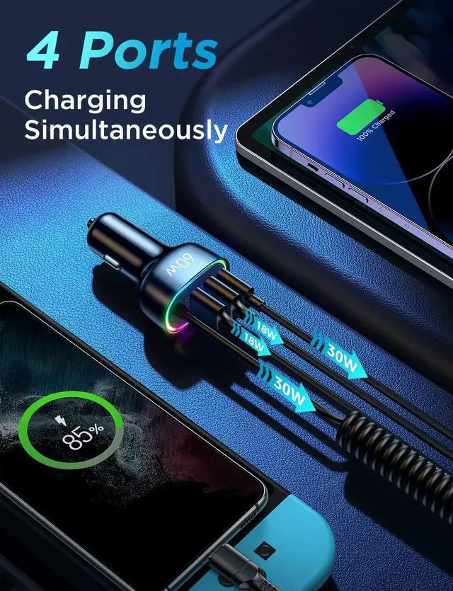 Alt view image 7 of 7 - USB C Car Charger, 60W 4 Port Fast Car Charger [PD& QC3.0 Quick Charge] [Extendable Coiled Type C Cable] Multi Port Cigarette Lighter Adapter for i-Phone/Android Smartphones etc.