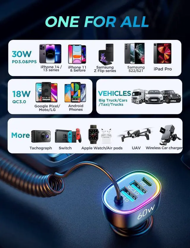 Alt view image 6 of 7 - USB C Car Charger, 60W 4 Port Fast Car Charger [PD& QC3.0 Quick Charge] [Extendable Coiled Type C Cable] Multi Port Cigarette Lighter Adapter for i-Phone/Android Smartphones etc.