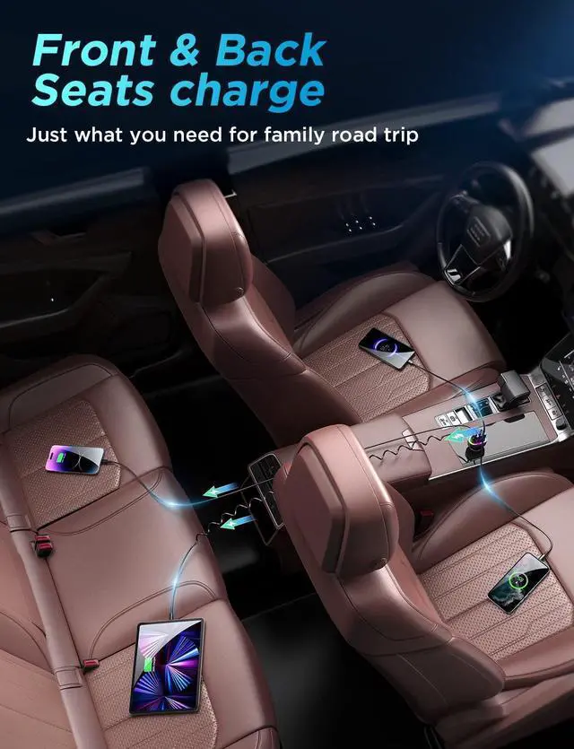 Alt view image 5 of 7 - USB C Car Charger, 60W 4 Port Fast Car Charger [PD& QC3.0 Quick Charge] [Extendable Coiled Type C Cable] Multi Port Cigarette Lighter Adapter for i-Phone/Android Smartphones etc.