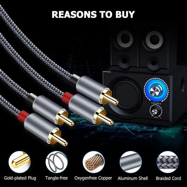 Alt view image 3 of 7 - [2 PACK, 3,3ft.] RCA Cable, 2-Male to 2-Male RCA Audio Stereo Subwoofer Cable [Hi-Fi Sound,Shielded] Auxiliary Audio Cord for Home Theater, HDTV, Amplifiers, Hi-Fi Systems,Speakers - 3.3 Feet