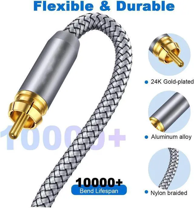Alt view image 6 of 7 - RCA Subwoofer Cable 3.3ft / 1M, Digital Coaxial Audio Cable Gold Plated RCA Male to Male SPDIF Cable for Subwoofer, Home Theater, Amplifier, TV - Grey