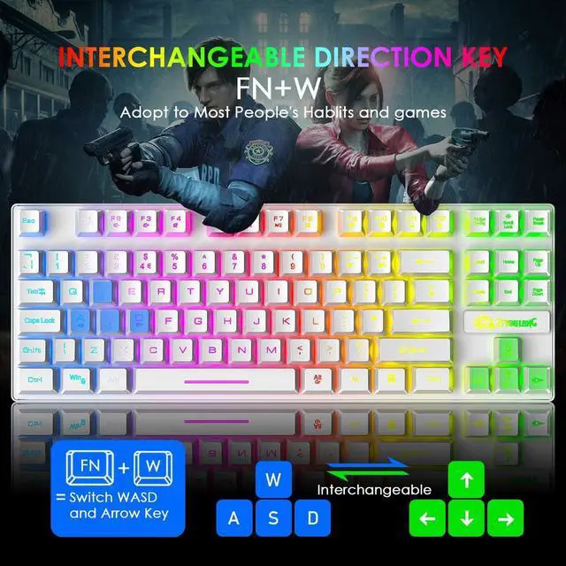 Alt view image 4 of 7 - Gaming Keyboard and Mouse Combo,88 Keys Compact Rainbow Backlit Mechanical Feel Keyboard, RGB Backlit 6400 DPI Lightweight Gaming Mouse with Honeycomb Shell for Windows PC Gamers (White)