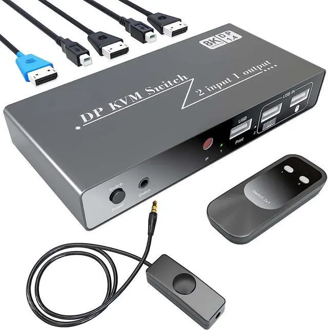 Main image of Displayport KVM Switch - 8K@60Hz 4K@144Hz 2 Port DP1.4 KVM Switch, 2 DisplayPort in 1 HDMI Out KVM Switch for 2 Computers Share 3 USB 2.0 Keyboard Mouse Printer, for Esports Gaming, 3D Graphics Video