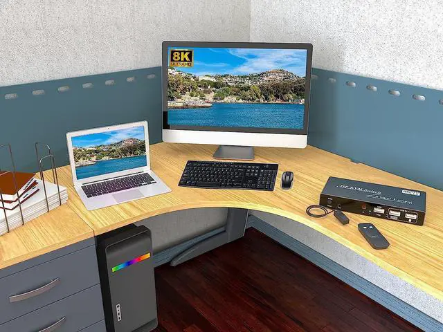 Alt view image 6 of 7 - Displayport KVM Switch - 8K@60Hz 4K@144Hz 2 Port DP1.4 KVM Switch, 2 DisplayPort in 1 HDMI Out KVM Switch for 2 Computers Share 3 USB 2.0 Keyboard Mouse Printer, for Esports Gaming, 3D Graphics Video