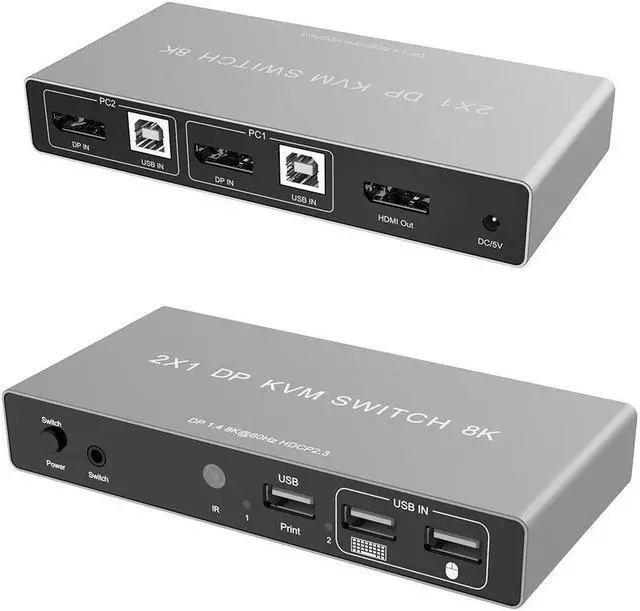 Alt view image 7 of 7 - Displayport KVM Switch - 8K@60Hz 4K@144Hz 2 Port DP1.4 KVM Switch, 2 DisplayPort in 1 HDMI Out KVM Switch for 2 Computers Share 3 USB 2.0 Keyboard Mouse Printer, for Esports Gaming, 3D Graphics Video