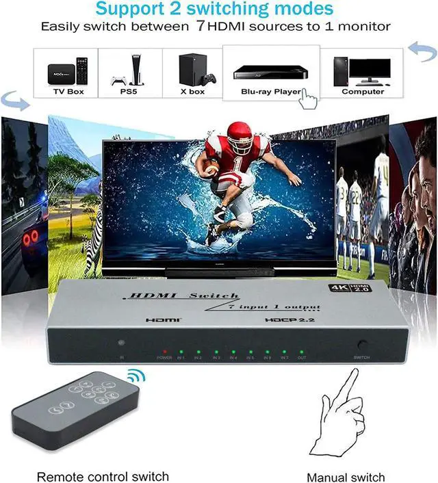 Alt view image 4 of 7 - 7x1 HDMI Switch 4K - HDMI Switch 7 in 1 Out, HDMI Switch with Remote Controller, HDMI 2.0 Support 4K @60Hz TV 3D Audio Video Sync Plug&Play for PS3/4/5 Xbox PC Laptop Projector Blu-ray Player