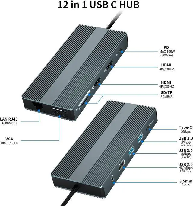 Alt view image 2 of 7 - Type C Docking Station, 12 in 1 USB C Hub Dual Monitor, Triple Display Multiple Adapter with 2 HDMI &VGA, Ethernet, 3x USB Ports, Type-C, 100W PD, SD/TF, 3.5mm Audio for Mac-Book, Other Laptops
