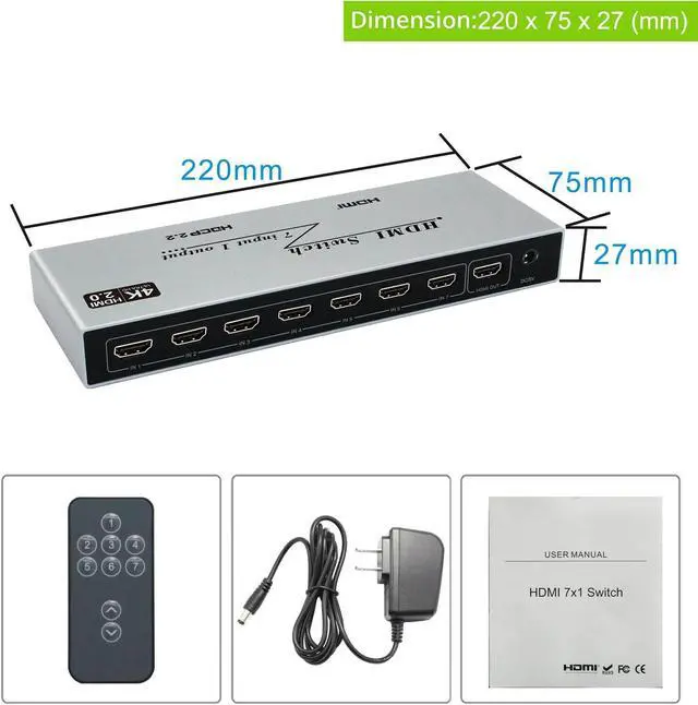 Alt view image 7 of 7 - 7x1 HDMI Switch 4K - HDMI Switch 7 in 1 Out, HDMI Switch with Remote Controller, HDMI 2.0 Support 4K @60Hz TV 3D Audio Video Sync Plug&Play for PS3/4/5 Xbox PC Laptop Projector Blu-ray Player