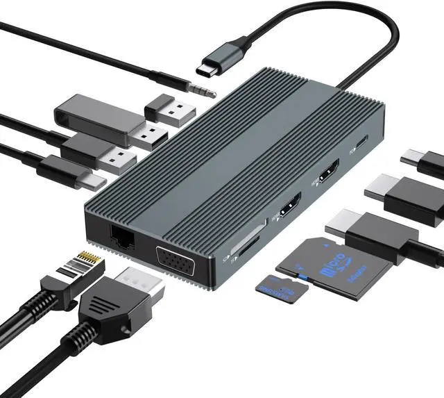 Main image of Type C Docking Station, 12 in 1 USB C Hub Dual Monitor, Triple Display Multiple Adapter with 2 HDMI &VGA, Ethernet, 3x USB Ports, Type-C, 100W PD, SD/TF, 3.5mm Audio for Mac-Book, Other Laptops