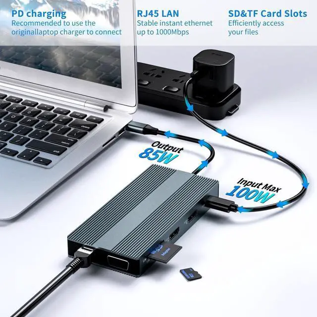 Alt view image 5 of 7 - Type C Docking Station, 12 in 1 USB C Hub Dual Monitor, Triple Display Multiple Adapter with 2 HDMI &VGA, Ethernet, 3x USB Ports, Type-C, 100W PD, SD/TF, 3.5mm Audio for Mac-Book, Other Laptops