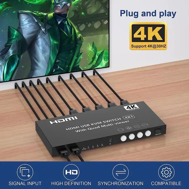 Alt view image 5 of 7 - HDMI KVM Switch 4 Ports 4K@30Hz, HDMI Multi-viewer 4x1 Switch for 4 Computers 1 Monitor, 4 in 1 Out HDMI Quad Seamless Switch, HDMI KVM Switcher with Hotkey Switch Button Switch and IR Remote eokCXOY