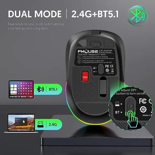Alt view image 2 of 7 - Computer Mouse Wireless, Silent Mouse with RGB Lights Dual Mode 2.4G Wireless & Bluetooth 5.1 Wireless Mouse, 2400 DPI USB-C Rechargeable, Compact Mouse for PC Laptop Desktop (Black)