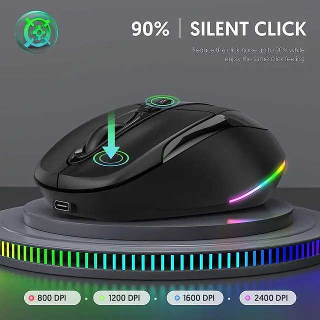 Alt view image 4 of 7 - Computer Mouse Wireless, Silent Mouse with RGB Lights Dual Mode 2.4G Wireless & Bluetooth 5.1 Wireless Mouse, 2400 DPI USB-C Rechargeable, Compact Mouse for PC Laptop Desktop (Black)