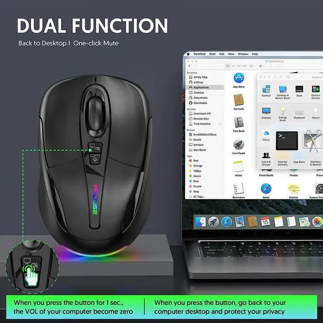 Alt view image 3 of 7 - Computer Mouse Wireless, Silent Mouse with RGB Lights Dual Mode 2.4G Wireless & Bluetooth 5.1 Wireless Mouse, 2400 DPI USB-C Rechargeable, Compact Mouse for PC Laptop Desktop (Black)