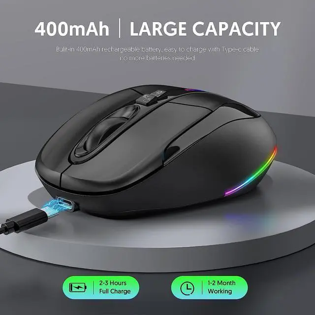Alt view image 6 of 7 - Computer Mouse Wireless, Silent Mouse with RGB Lights Dual Mode 2.4G Wireless & Bluetooth 5.1 Wireless Mouse, 2400 DPI USB-C Rechargeable, Compact Mouse for PC Laptop Desktop (Black)