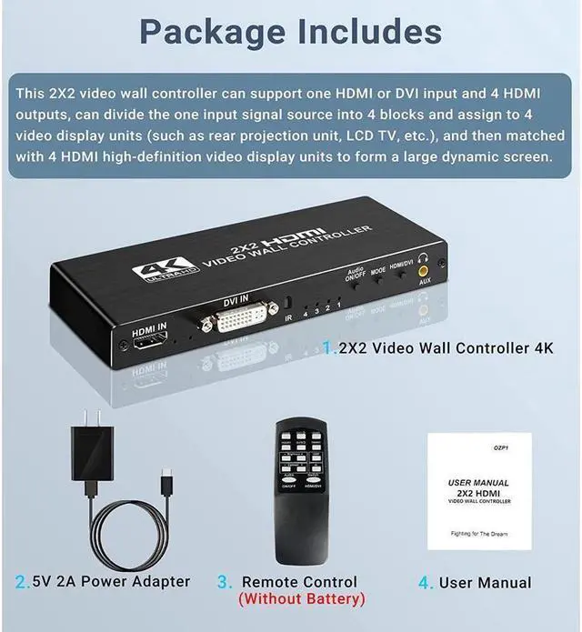Alt view image 7 of 7 - 2x2 HDMI Video Wall Controller, 4Kx2K HD Seamless Splicing Professional Processor with HDMI+DVI+RS232 Input, 4 Way HDMI & SPDIF Output 180 Degree Rotate TV Wall Display 2x2, 1x2,1x3,1x4,2x1,3x1,4x1