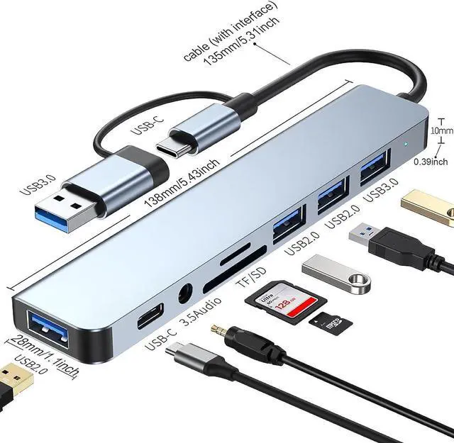 Alt view image 2 of 7 - [8-in-1] USB Hub, USB-C Hub, Multiport USB Adapter with Type C & USB 3.0 2-in-1 Interface, Ultra-Slim USB 3.0 Splitter, Multi Extension with Micro SD and SD Card Reader for Mac-book,PS5,Laptop,Desktop