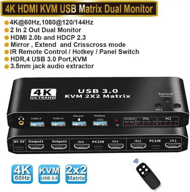 Main image of 2x2 HDMI KVM Switch Matrix, 4K Dual Monitor HDMI KVM Switch Extended Display USB KVM Switch 2 in 2 Out for 2 Computers 2 Monitors with 3.5mm Audio, Support 4 USB 3.0 Share Keyboard Mouse with Hotkey