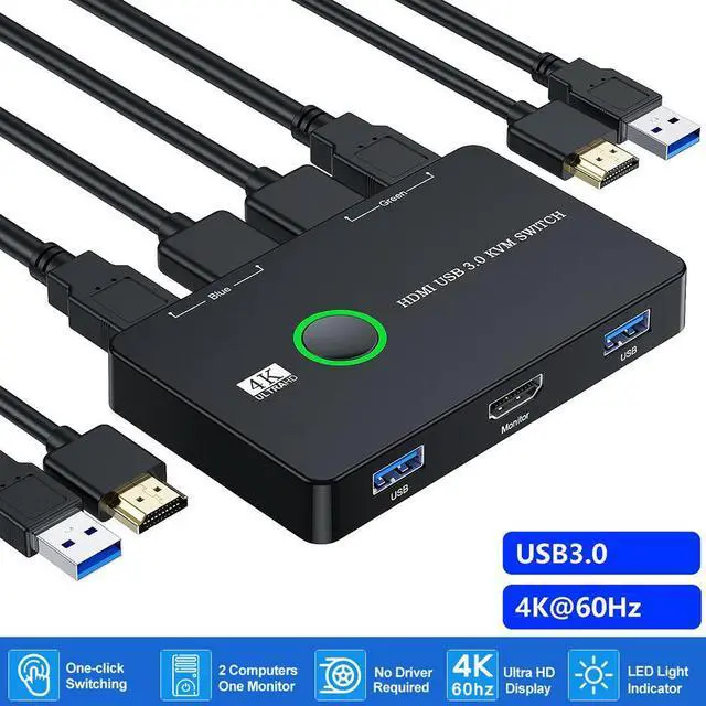 Main image of KVM Switch HDMI, Upgraded USB 3.0 and HDMI KVM Switch for 2 Computers Share Keyboard Mouse Printer to One HD Monitor, Supports 4K @60Hz, 2 HDMI Cables and 2 USB Cables Included