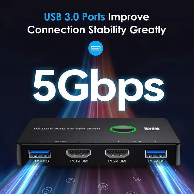 Alt view image 2 of 6 - KVM Switch HDMI, Upgraded USB 3.0 and HDMI KVM Switch for 2 Computers Share Keyboard Mouse Printer to One HD Monitor, Supports 4K @60Hz, 2 HDMI Cables and 2 USB Cables Included