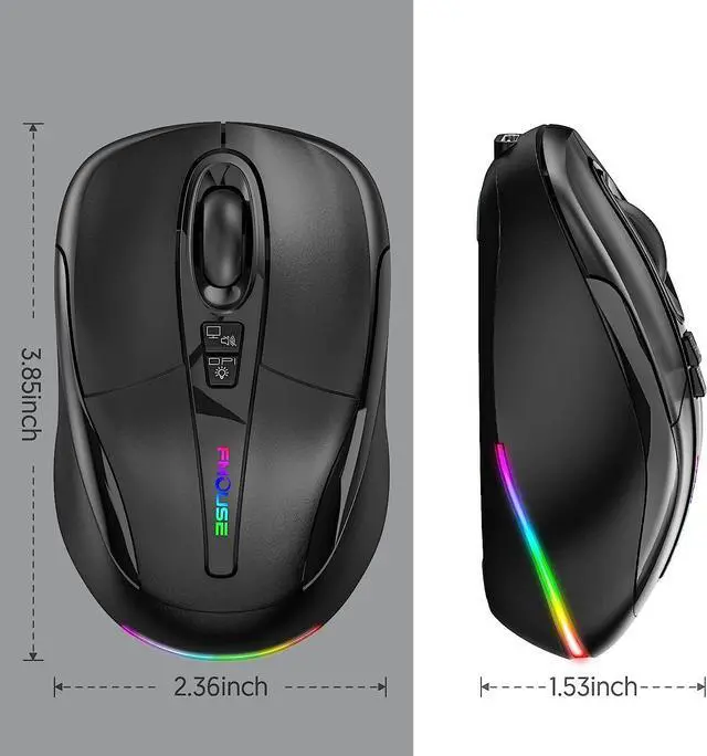 Alt view image 7 of 7 - Computer Mouse Wireless, Silent Mouse with RGB Lights Dual Mode 2.4G Wireless & Bluetooth 5.1 Wireless Mouse, 2400 DPI USB-C Rechargeable, Compact Mouse for PC Laptop Desktop (Black)